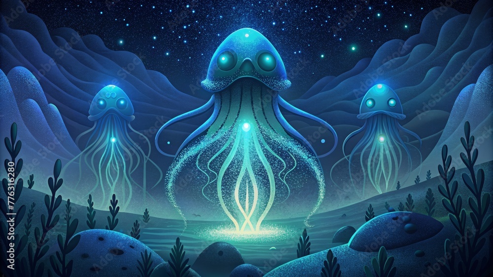 Poster a mesmerizing light show created by the unique and otherworldly creatures living in the bioluminesce