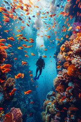 Fototapeta na wymiar Selective focus of underwater photography, divers exploring colorful coral reefs and marine life.
