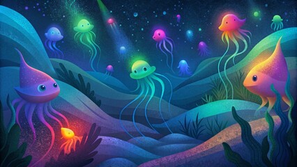 A rainbow of colors emanating from the sea floor as the bioluminescent creatures illuminate their surroundings.