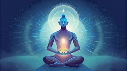 A person sitting in a peaceful meditative state with energy radiating from their heart and a beam of light extending from their head