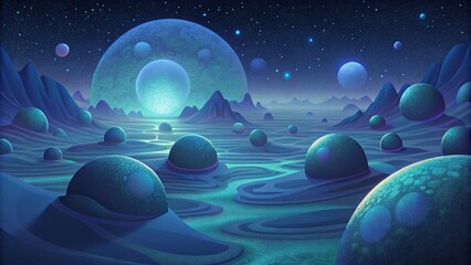 A surreal landscape of glowing orbs floating in a seemingly endless expanse of darkness in the bioluminescent depths. - obrazy, fototapety, plakaty
