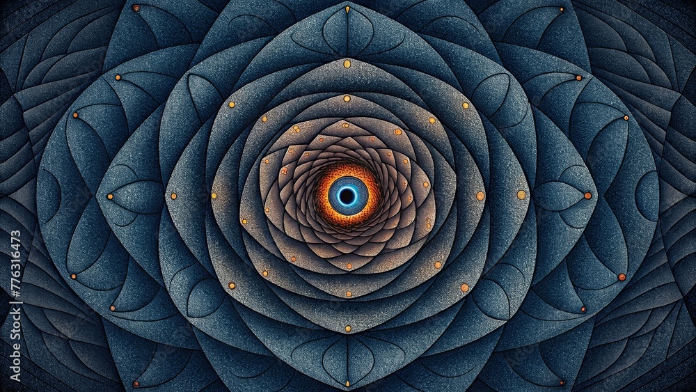 Poster a hypnotic spiral drawing the eye towards a center point filled with intricate details and hidden sy