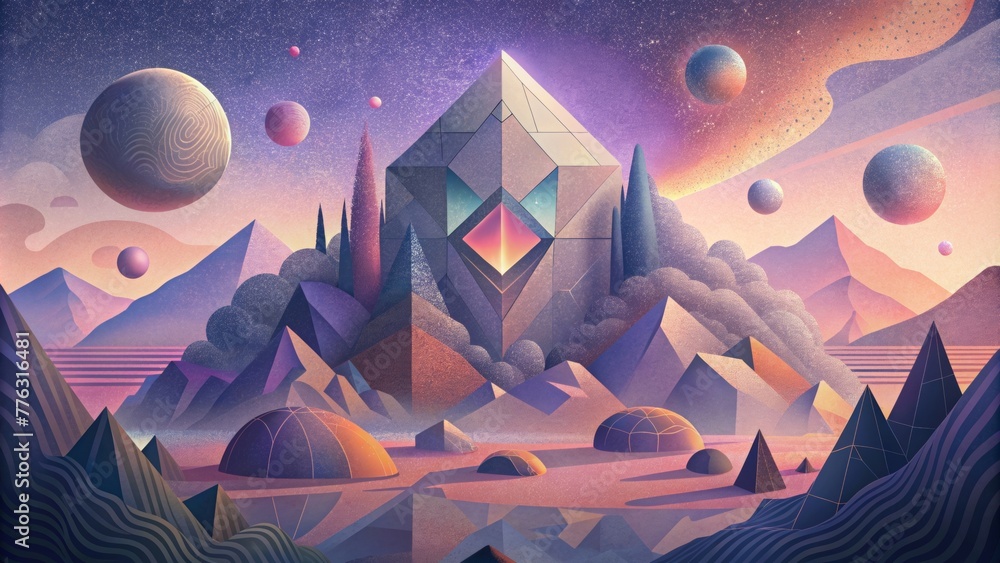 Poster a surreal landscape of geometric shapes overlapping and blending together in a beautiful chaos.