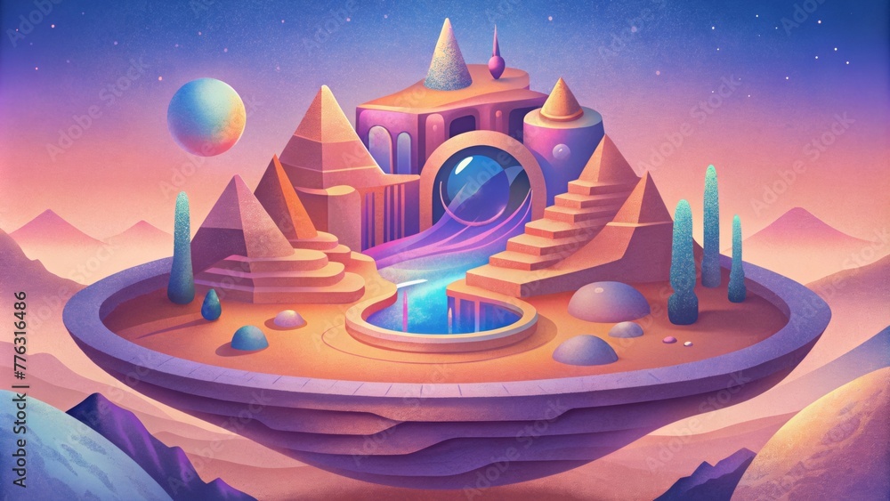 Poster an otherworldly oasis of shapes and colors where reality and imagination collide.
