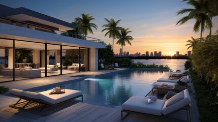 Modern villa with a private rooftop infinity pool overlooking the Miami skyline in Florida