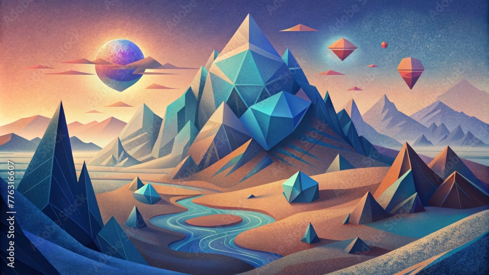 Leinwandbilder an abstract digital landscape composed of faceted shapes and sharp angles.