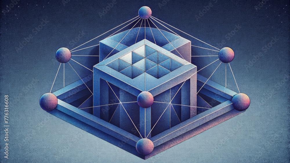 Poster An architectural network of intersecting lines and points creating a D representation of a physical object.