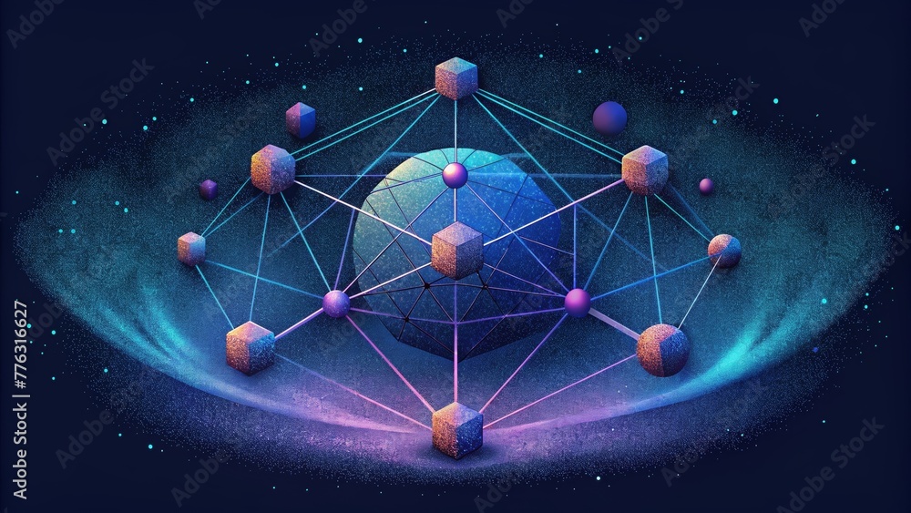 Poster A pixelated universe of interconnected nodes and lines creating a threedimensional grid.