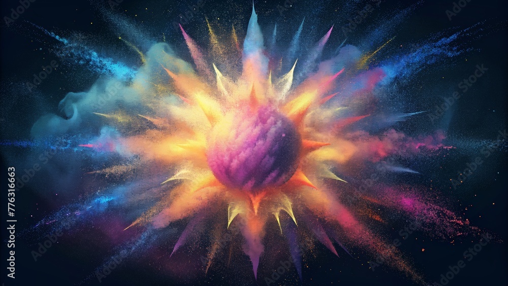 Poster a flurry of pigments colliding in a dramatic explosion forming a dramatic visual feast for the eyes.