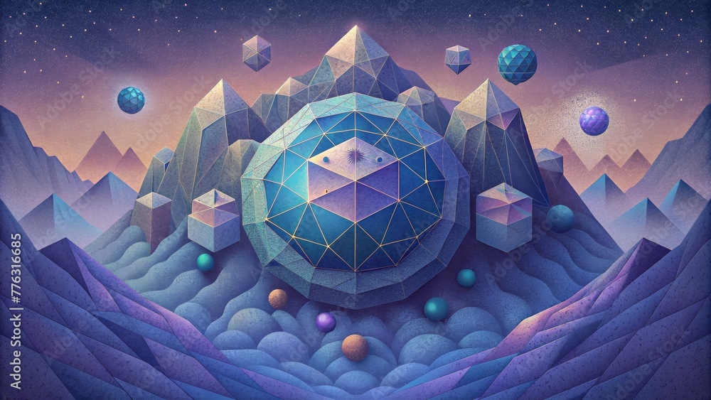 Aufkleber A virtual world made of intricate geometric shapes and patterns forming a complex polygonal mesh.
