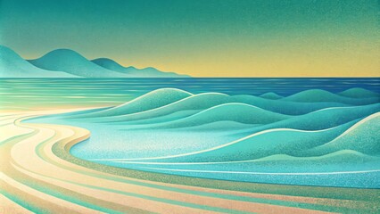 A peaceful scene depicting smooth aquamarine retro waves gently lapping against a sandy shore.