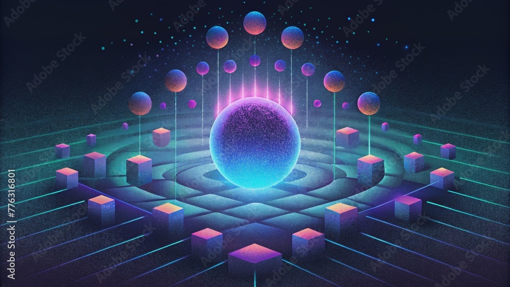 Poster a digital dreamscape of neon dots and dashes forming an intricate grid that seems to come to life.