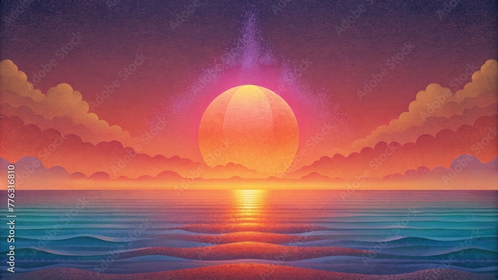 Poster an abstracted sunset with fiery orange and pink pixels descending over a pixilated ocean and beach c