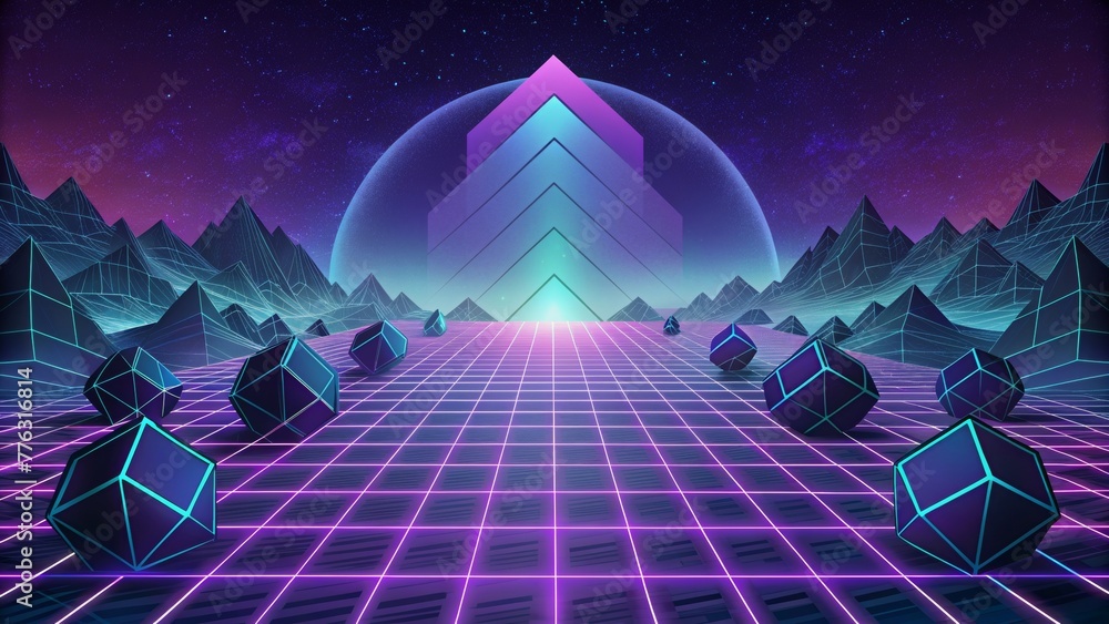 Poster a digital landscape consisting of pulsating neon squares and rectangles forming a futuristic grid.