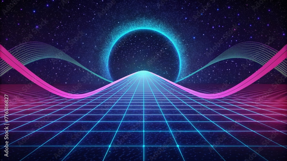 Fototapete a neon grid stretching into infinity with each line pulsating with a different hue.
