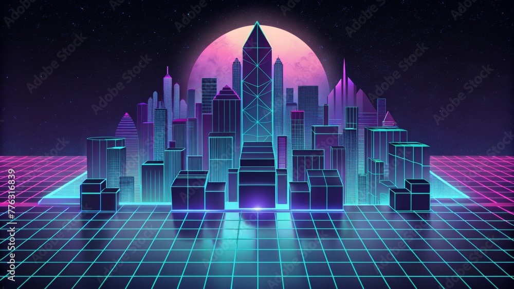 Aufkleber a futuristic cityscape made up of glowing neon squares and rectangles forming a complex grid system.