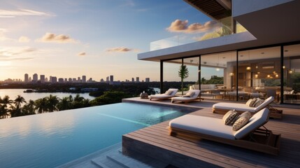 Fototapeta premium Modern villa with a private rooftop infinity pool overlooking the Miami skyline in Florida