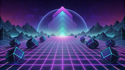 A digital landscape consisting of pulsating neon squares and rectangles forming a futuristic grid. - obrazy, fototapety, plakaty