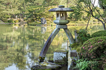 Peaceful Japanese park background.
A serene landscape with reflections in water.
