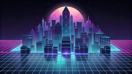A futuristic cityscape made up of glowing neon squares and rectangles forming a complex grid system. - obrazy, fototapety, plakaty