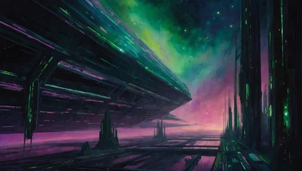 Foto op Aluminium In the ethereal expanse of space, a luminescent zealous space habitat glows with fervor, radiating hues of iridescent greens and pinks against the dark void. © xKas