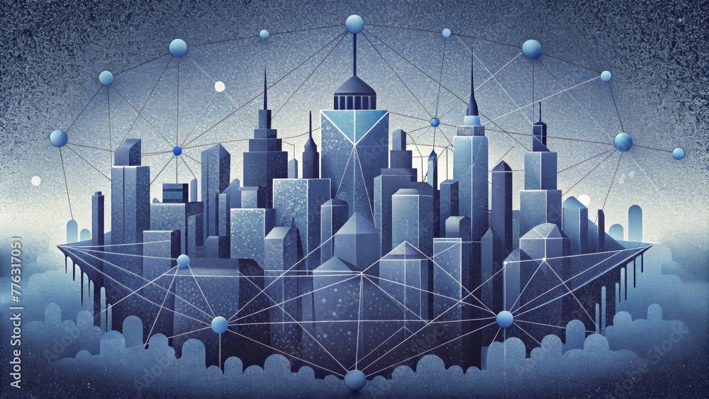 Aufkleber A complex network of interconnected lines and circuits resembling a futuristic city skyline.