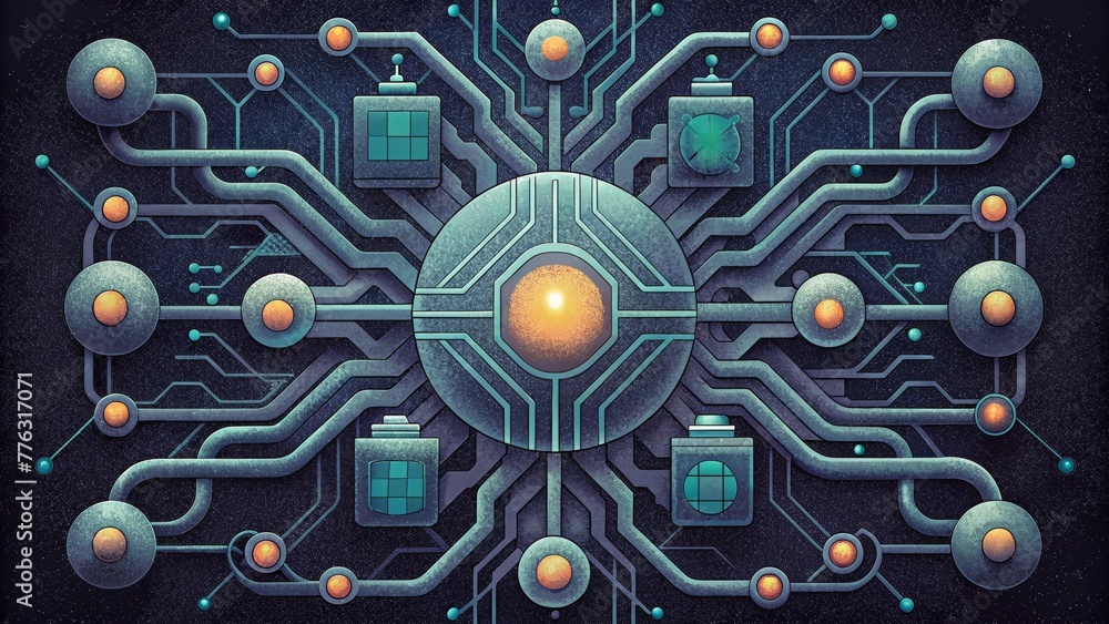 Poster A chaotic but organized composition of lines and circuits conveying the complexity and efficiency of a futuristic circuitry system.