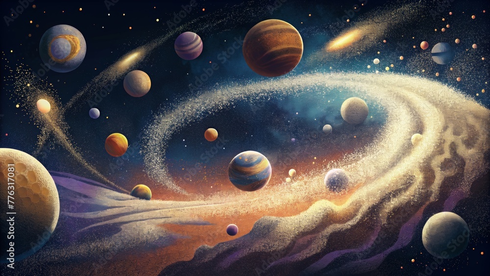 Poster a vision of galactic creation with dust particles gathering to form new planets and stars.