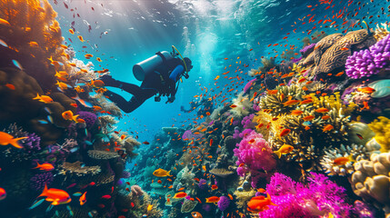 Selective focus of underwater photography, divers exploring colorful coral reefs and marine life.