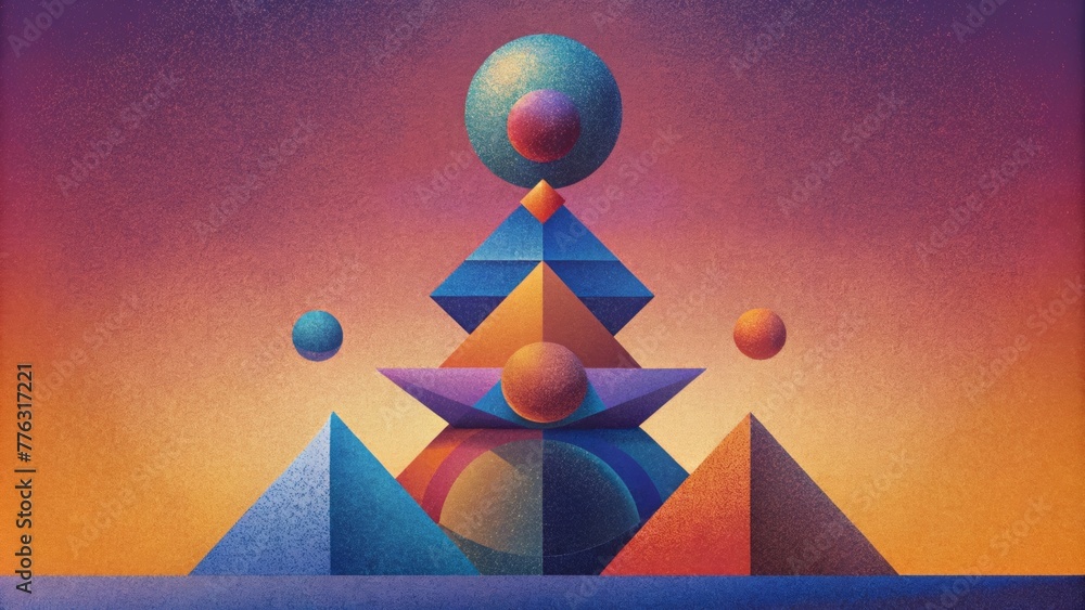 Poster A bold and abstract composition of geometric shapes each one appearing to be precisely and stacked on top of one another.