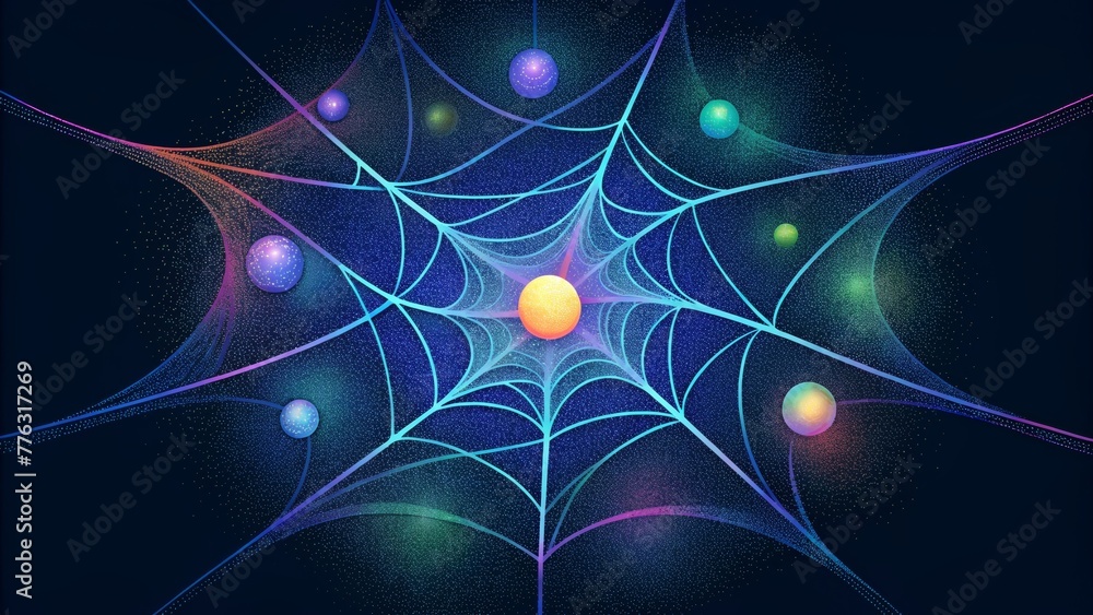 Poster A web of iridescent threads stretching across a dark background evoking a sense of interconnected energy fields.