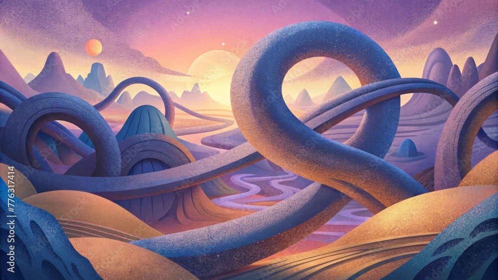 Poster A dreamlike landscape of intertwining shapes and forms each one leading to the next in a neverending loop.