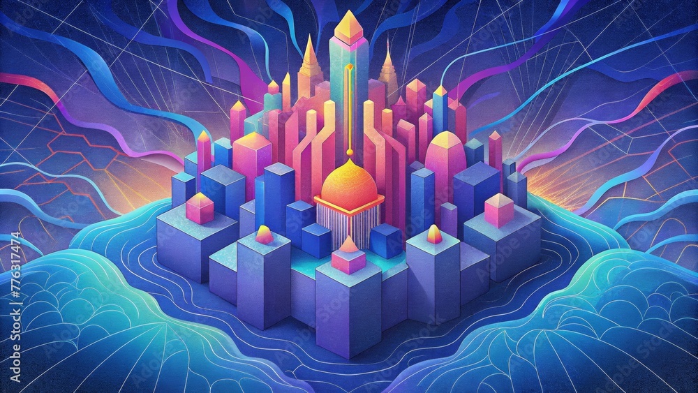 Poster vibrant pops of color emerge from a sea of intricate blueprint lines capturing the vibrant energy of