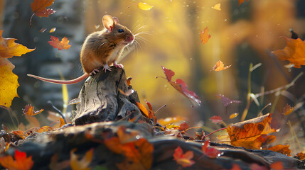 A mouse perched atop a weathered log, framed by colorful autumn leaves, its curiosity piqued by the surrounding woodland