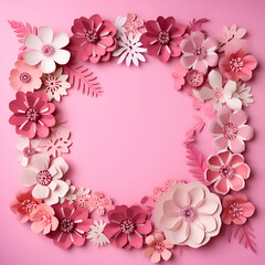 Paper flowers on pink background. Flat lay. top view. copy space