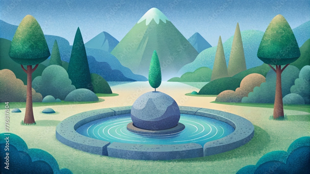 Poster a tranquil garden with a single rock arranged in a minimalist water feature.