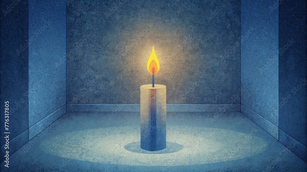 Poster a single candle burning in a room with empty white walls and floors.