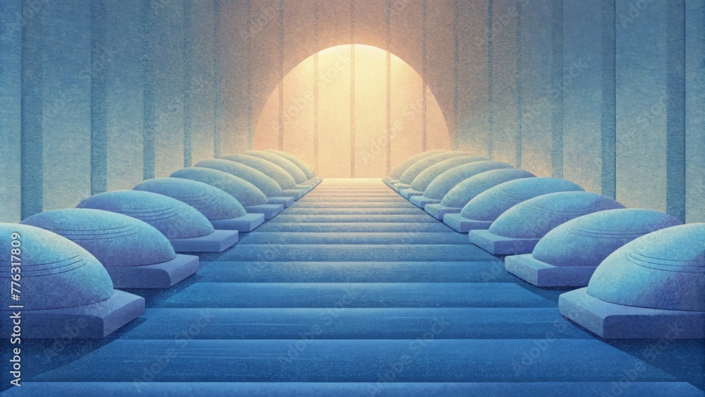 Poster A line of empty meditation cushions in a serene empty room.