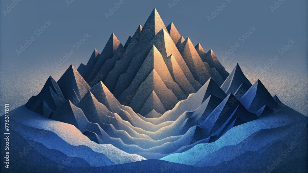 Poster deconstructed mountainscape made of carefullyfolded peaks and valleys highlighted by a dramatic shad