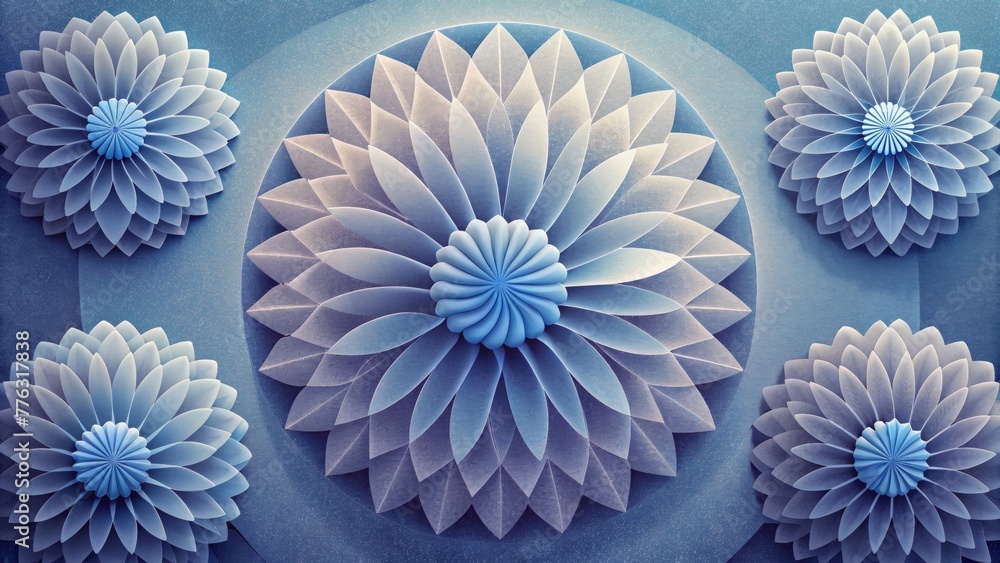 Poster A series of perfectly symmetrical and precise paper rosettes casting soft shadows on a bright airy space.
