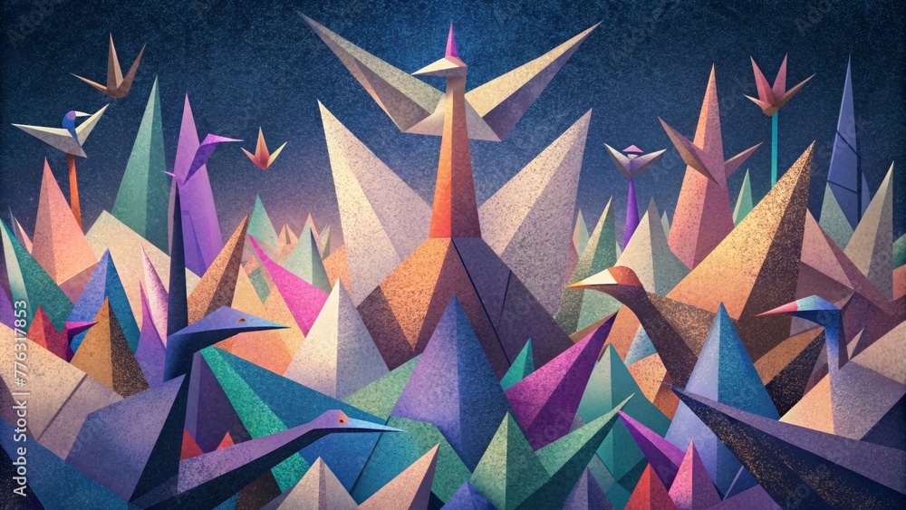 Poster a symphony of paper cranes in different sizes and colors coming together to form a stunning visual h