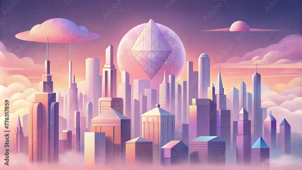 Poster an otherworldly cityscape of geometric skyscrs set against a cotton candy sky and accompanied by a r