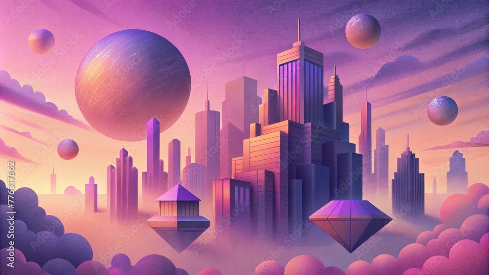 Leinwandbilder a of abstract buildings seemingly floating in a pink and purple sky reminiscent of a digital utopia.