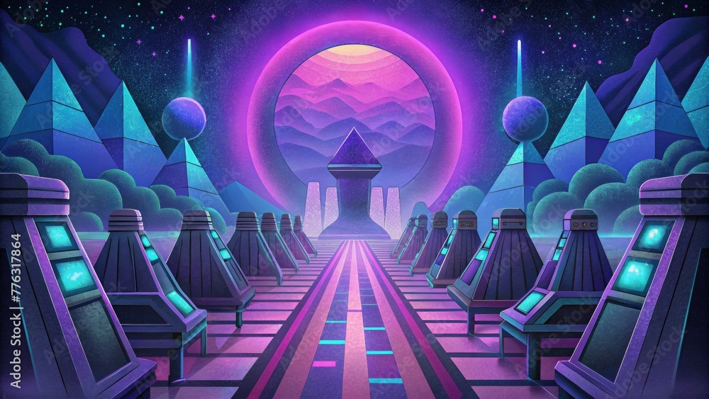 Poster A glimpse into a futuristic arcade with its neon lights and glitchy imagery creating an ethereal and nostalgic atmosphere.
