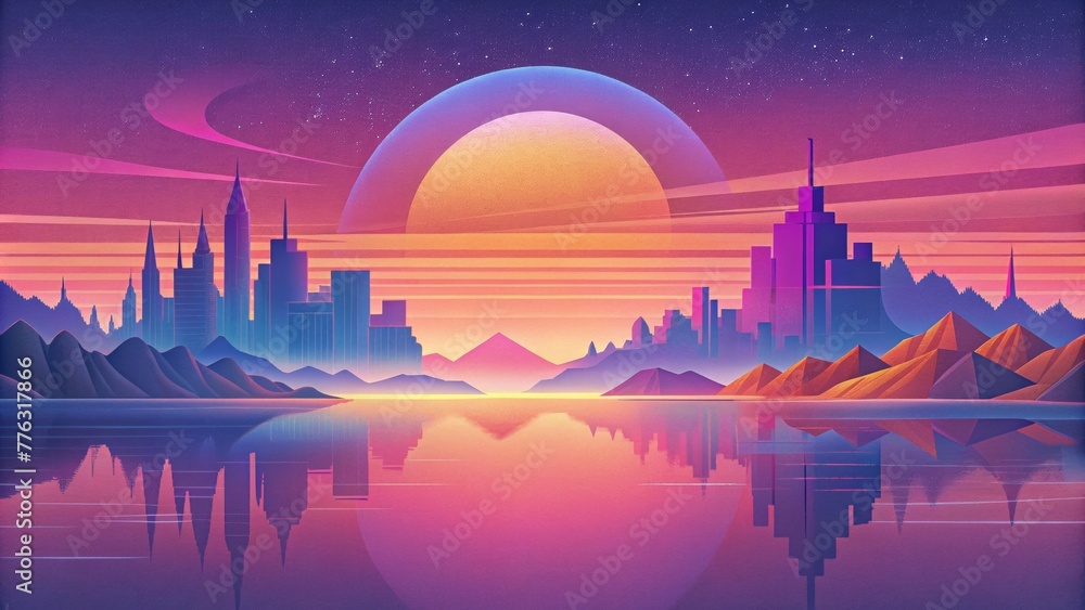Poster a technicolor sunset over a tranquil lake reflecting the neon lights and geometric shapes of a dista