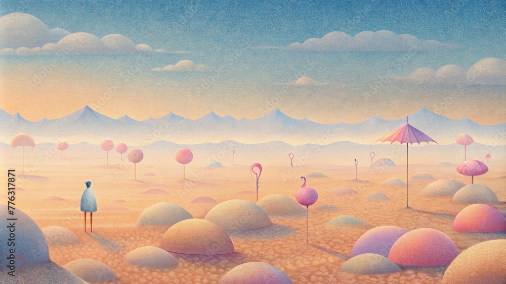 Poster a hazy beach scene where a lone figure stands amidst a sea of pastel parasols and inflatable flaming