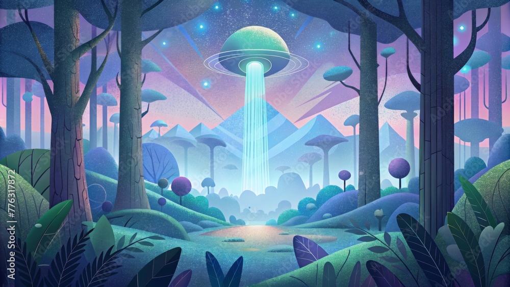 Poster a serene forest scene where towering trees are adorned with holographic leaves and the soundtrack of