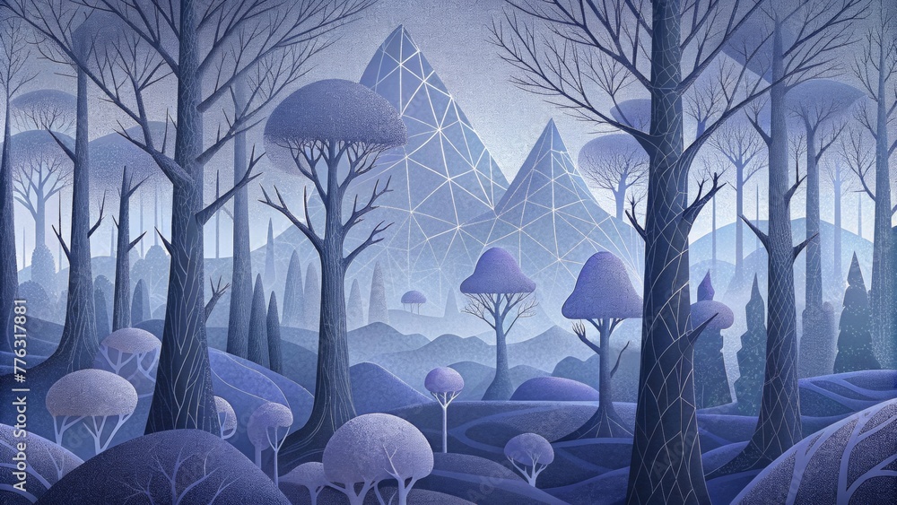 Fototapete a minimalist forest of wireframe trees and bushes with their skeletal outlines creating an eerie and
