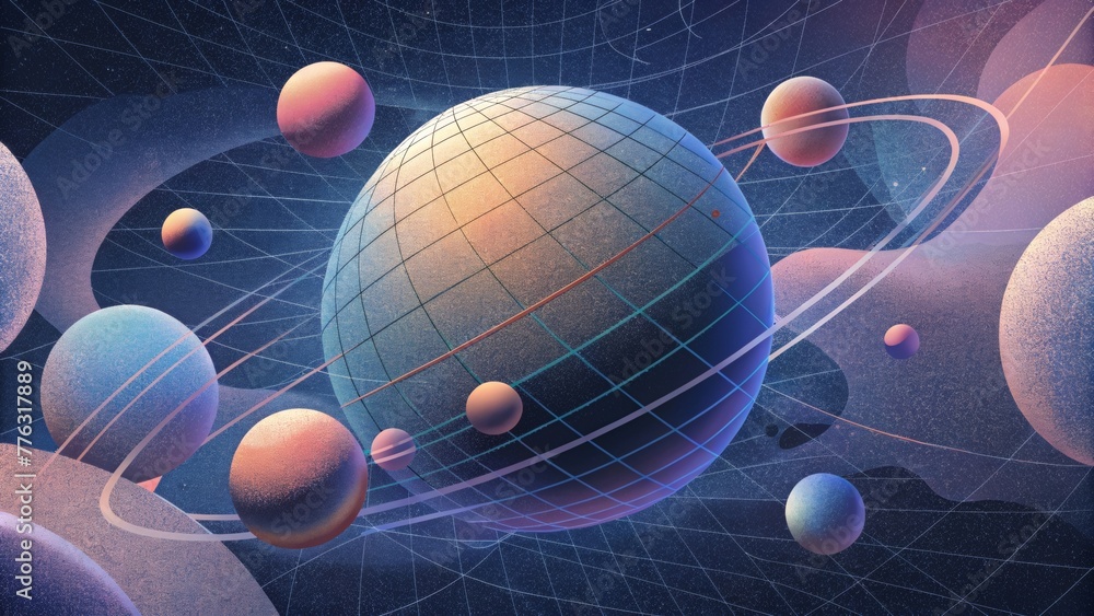Poster An abstract universe of wireframe planets and galaxies where the boundaries between reality and imagination blur.