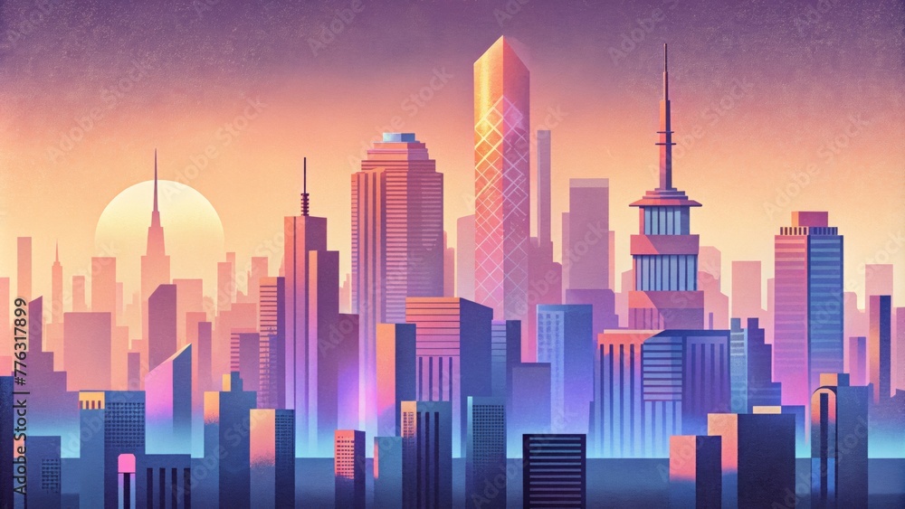 Aufkleber A pixelated cityscape where towering skyscrs are rep with retro arcade game graphics seen through a soft vintage filter.